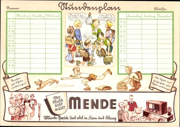 Stundenplan MENDE Radio und Fernseher, Volksempfänger, Kinder um 1930