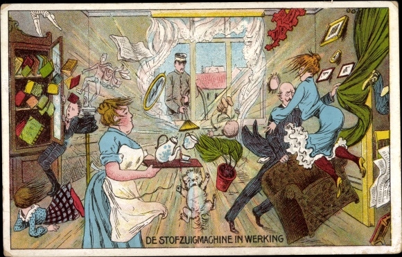 Chromo-Litho De Stofuigmachine in Werking, vacuum cleaner, humor, maid