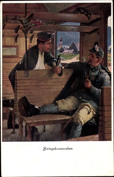 Artist Postcard War comrades, two smoking soldiers in a train compartment, hunters