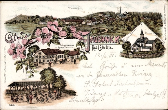 Litho Jauernick Buschbach Markersdorf Oberlausitz, panorama, kerk, herberg