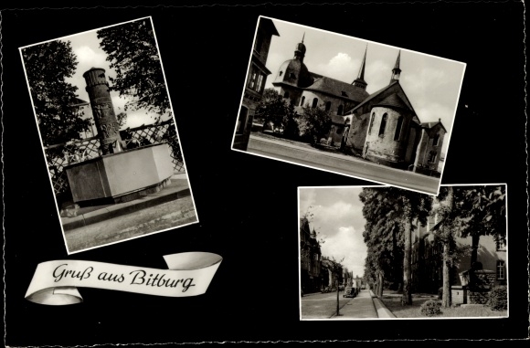 Ak Bitburg, zicht op de kerk, monument, straatzicht