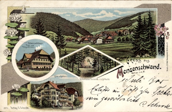 Chromo-Litho Menzenschwand Sankt Blasien in the Black Forest, partial view, Black Forest house, hotel