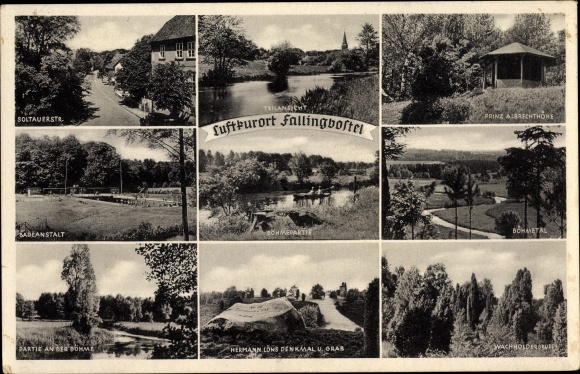 Postcard Bad Fallingbostel Lüneburg Heath, Soltauer Straße, outdoor pool, Böhmepartie, Hermann Löns monument