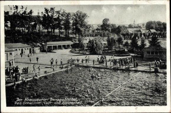 Postcard Berggiesshübel in Saxony, swimming pool, air and sun bath, bathers