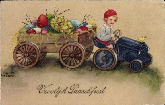 Kunstenaar Ak Petersen, H., gefeliciteerd Pasen, kind, tractor, kuikens, paaseieren, wilg