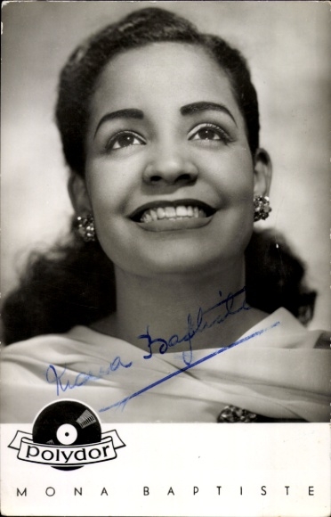 Postcard singer and actress Mona Baptiste, portrait, Polydor records, autograph