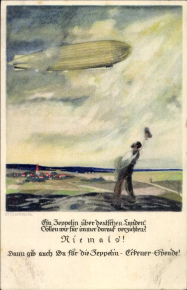 Artist Postcard Amtsberg, Otto, Zeppelin Eckener donation, waving man, airship