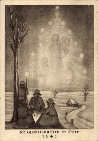 Ak Kriegsweihnacht im Osten 1943, Wehrmachtssoldaten, Frau mit Kindern in der Heimat, Tannenbaum