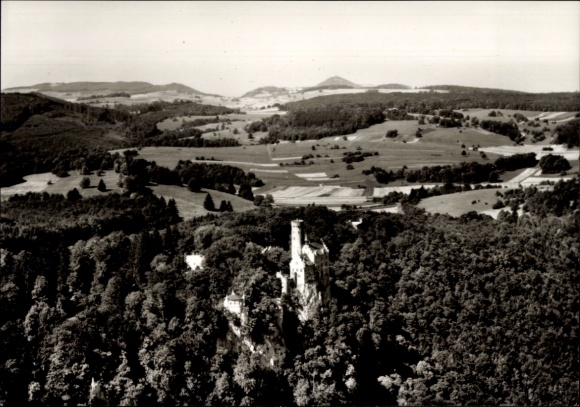 Postcard Honau Lichtenstein in Württemberg, Lichtenstein Castle, mountain landscape, forests, arable land