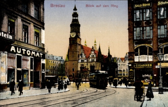 Postcard Wrocław Breslau Silesia, view of the ring, tram, vending machine restaurant, Salon Roth