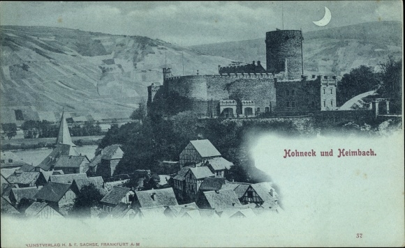 Mondschein Ak Niederheimbach am Rhein, Heimburg, Burg Hohneck