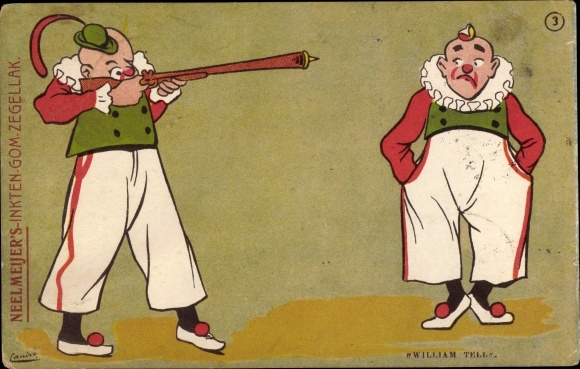Kunstenaarskaart Clowns, appel geschoten door Wilhelm Tell