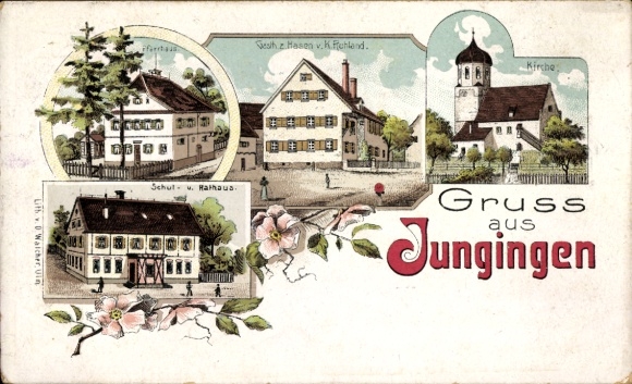 Ak Jungingen Baden Württemberg, Gasthof zum Hasen, Kirche, Schule, Rathaus