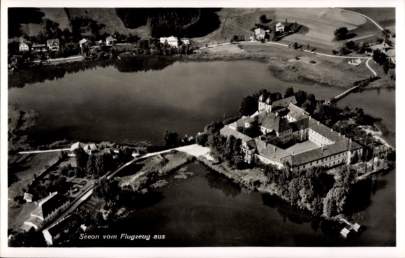Postcard Seeon Seebruck am Chiemsee Upper Bavaria, aerial view of water surface, landscape, architecture