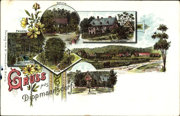 litho Dippmannsdorf Bad Belzig in der Mark, school, paradijs, bosbouwafdeling, kerk