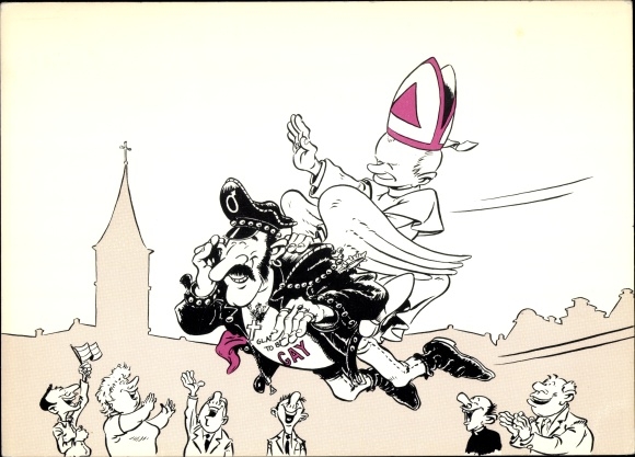 Künstler Ak Niederlande, Politische Karikatur, Papst fliegt auf einem Homosexuellen davon