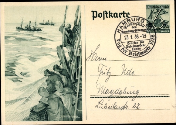 Postwaardestuk ansichtkaart Axster Heudtlass, vissers op volle zee, vissersboten