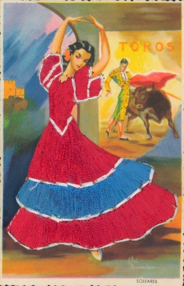 Seidenstick Künstler Ak Spanische Tracht, Tänzerin, Torero, Stierkampf