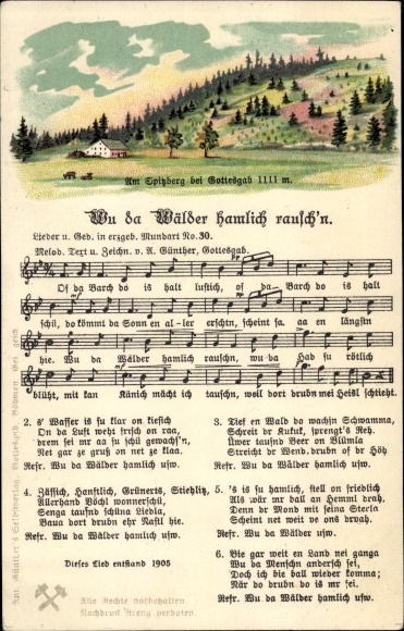 Song Postcard Günther, Anton, Wu da forests hamlich rausch'n, Erzgebirge dialect No. 30, Spitzberg