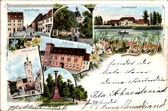 Ak Zörbig in Anhalt, Lange-Strasse, stadhuis, kerk, Hallisches Ther, Dorotheenhof