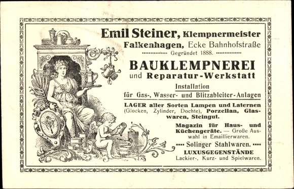 Postcard Falkenhagen in the Mark, Emil Steiner master plumber, construction plumbing, corner Bahnhofstrasse