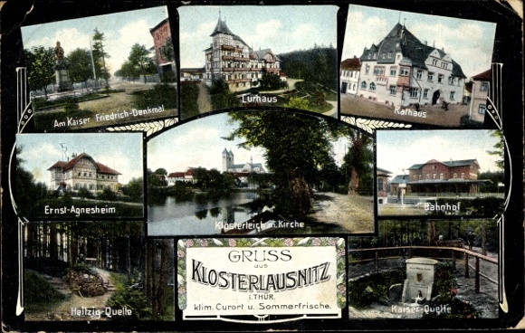Postcard Bad Klosterlausnitz Thuringia, spa house, train station, church, Ernst Agnesheim, town hall, Kaiserquelle
