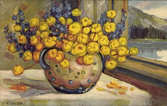 Artist Postcard Haller, A., Vase with yellow and blue flowers on a windowsill