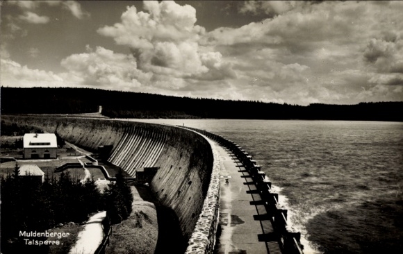 Postcard Mulde Muldenberg Grünbach in Vogtland, Muldenberger Dam, largest dam in Saxony, construction