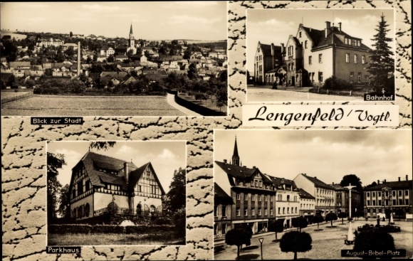 Postcard Lengenfeld Vogtland Sachsen, general view, train station, multi-storey car park, August Bebel Platz