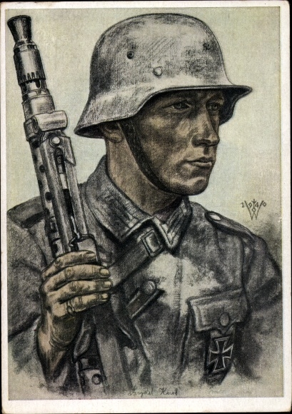 Kunstenaar Ak Willrich, Wolfgang, Een motorrijder, machinegeweer, stalen helm, VDA P 1 R 9 nr. 3