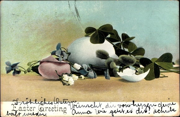 Ak Glückwunsch Ostern, Ostereier, Blumen, Glücksklee