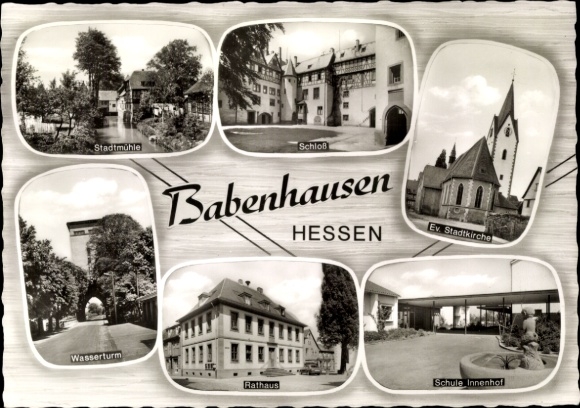 Ak Babenhausen in Hessen, evangelische Stadtkirche, Schule, Innenhof, Rathaus, Wasserturm, Schloss