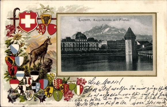 Präge Wappen Passepartout Ak Luzern Stadt Schweiz, Kappelbrücke mit Pilatus
