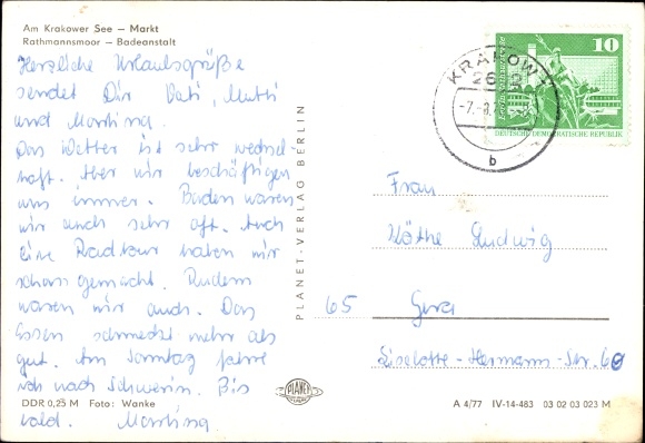 Postcard Krakow am See in Mecklenburg, on Krakower See, market, Rathmannsmoor, bathing establishment