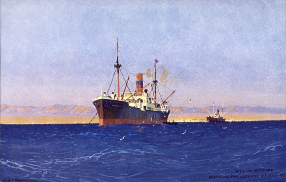 Kunstenaar Postkaart Schmidt, R., OPDR, stoomboot voor anker, van boord