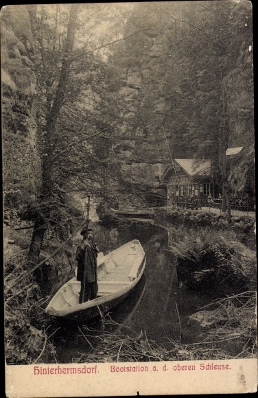 Postcard Hinterhermsdorf Sebnitz Saxon Switzerland, upper lock, boat station