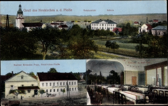Postcard Neukirchen an der Pleiße, inn, ballroom, school