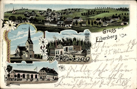 Litho Eibenberg Burkhardtsdorf im Erzgebirge, Kirche, Geiersberg, Restaurant, Gasthof