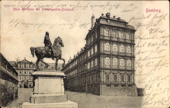 Postcard Bamberg in Upper Franconia, New Residence, Prince Regent Monument, Statue, Architecture
