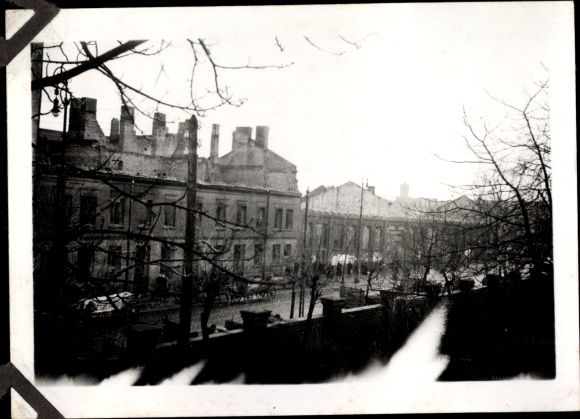 Photo Warszawa Warsaw Poland, goods station, houses shot up, war damage, II WW