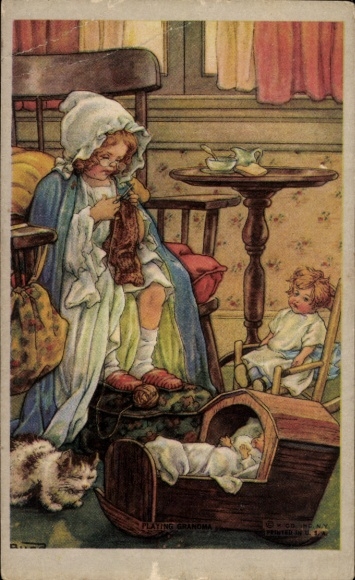 Postcard Niederlössnitz Niederlößnitz Radebeul Saxony, girl sitting on a chair and knitting...