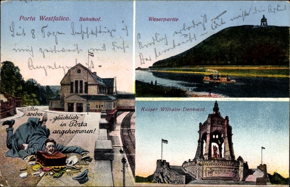 Ak Porta Westfalica an der Weser, Bahnhof, Weserpartie, Kaiser Wilhelm Denkmal