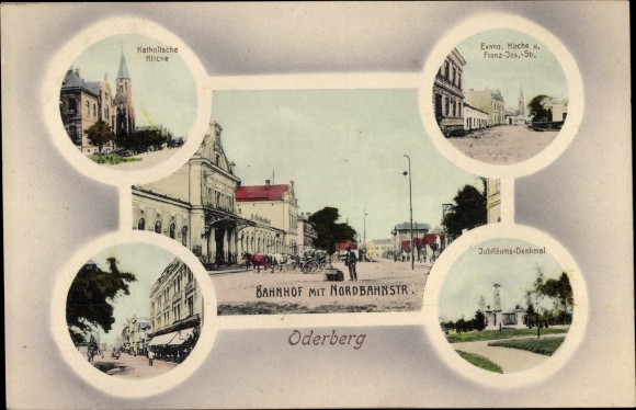 Passepartout Ak Bohumín Oderberg Reg. Mährisch Schlesien, Kath. Kirche, Bahnhof