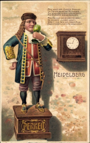 Postcard Heidelberg am Neckar, dwarf Perkeo, clock