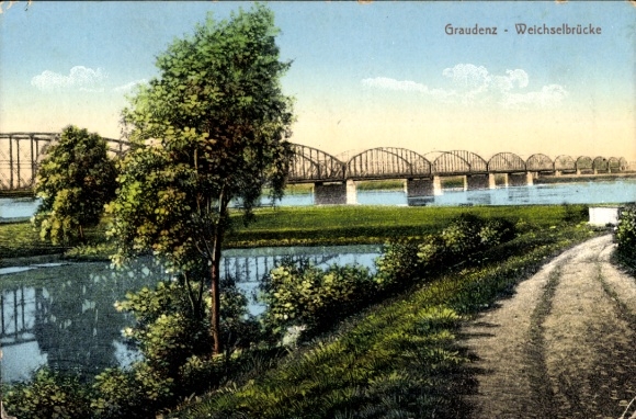 Postcard Grudziądz Graudenz West Prussia, Vistula Bridge