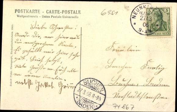 Postcard Neunkirchen in Baden, market square, church
