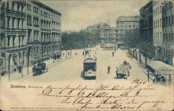Postcard Hamburg Mitte Neustadt, Higher Regional Court, Georgsplan, street view, vehicles and buildings