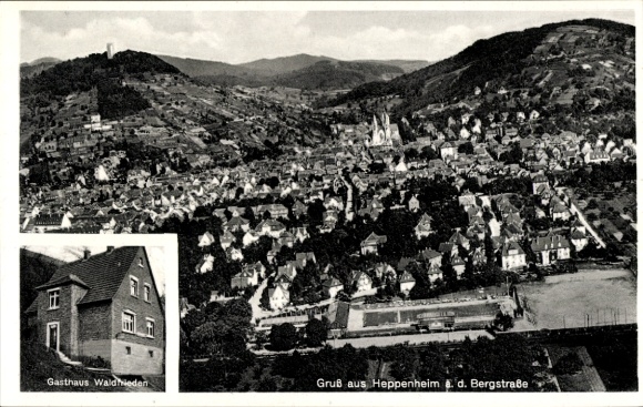 Postcard Heppenheim an der Bergstraße, aerial photograph, Gasthaus zum Waldfrieden