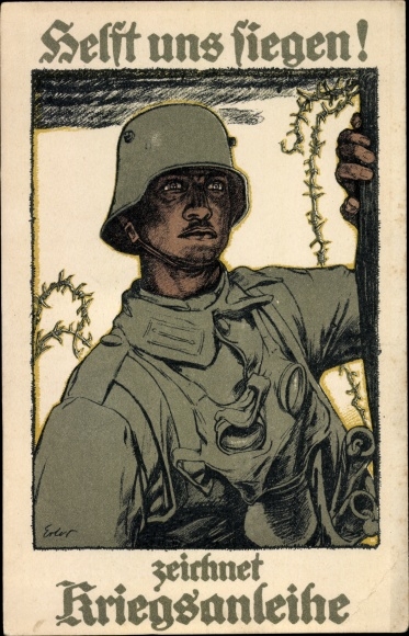 Künstler Ak Erler, Helft uns siegen, zeichnet Kriegsanleihe, Soldat in Stahlhelm mit Gasmaske, I. WK