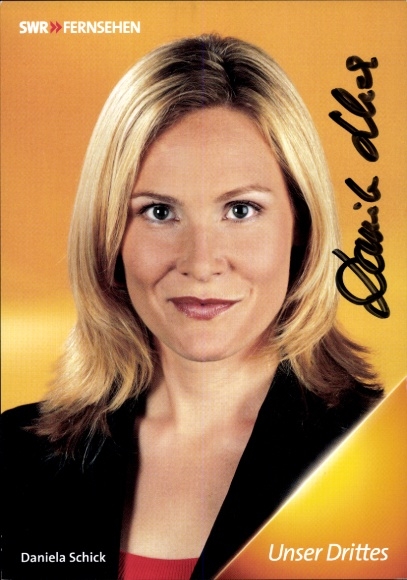 Postcard presenter Daniela Schick, portrait, autograph